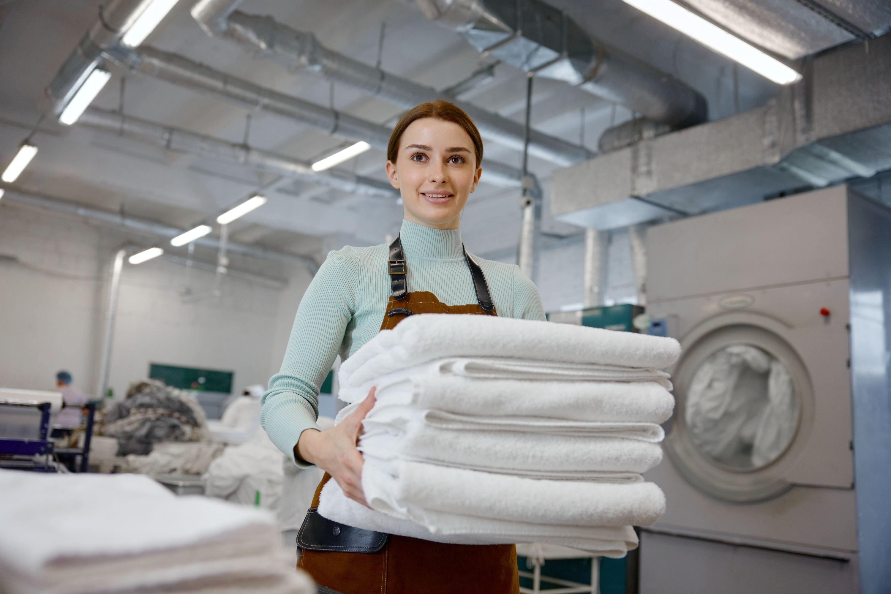 Laundry Worker holding folded clothes