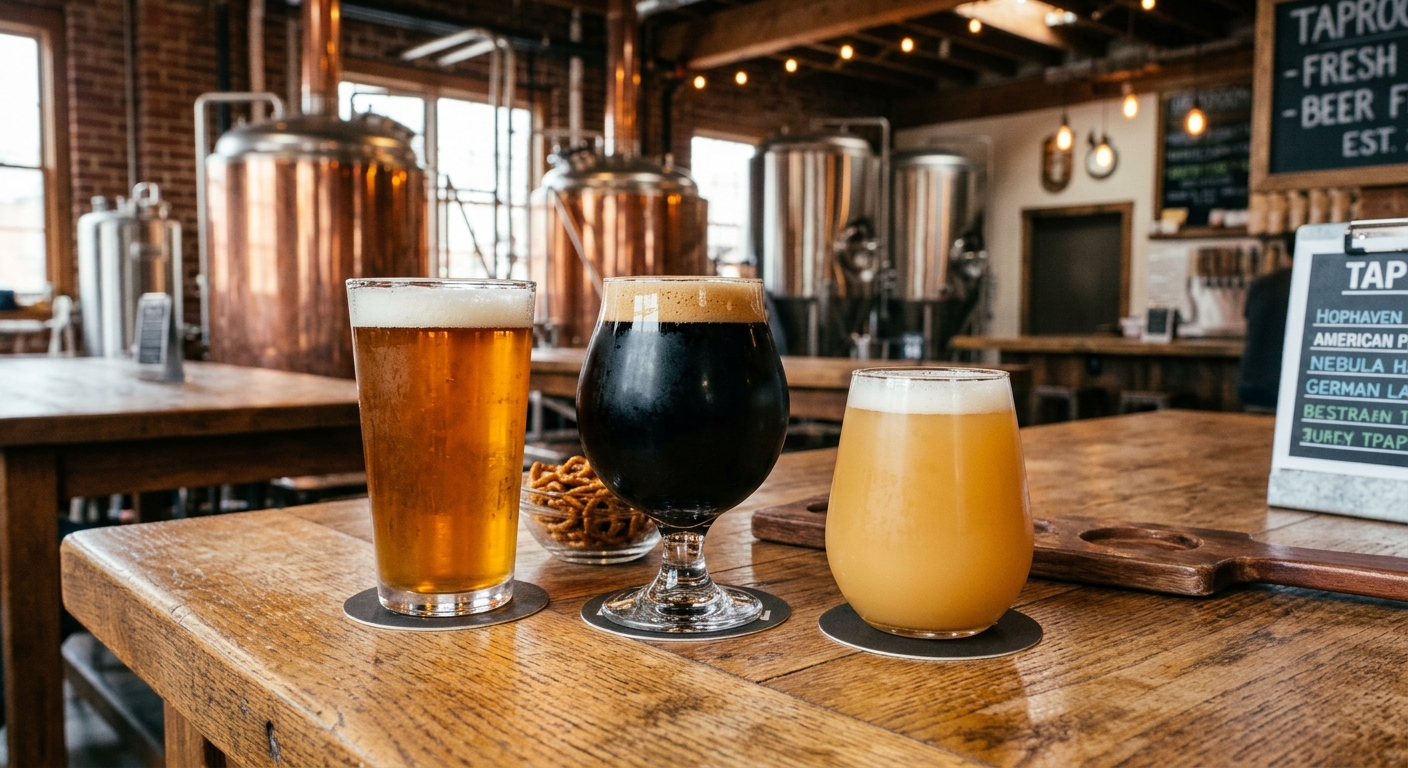 Beers on a table at a brewery