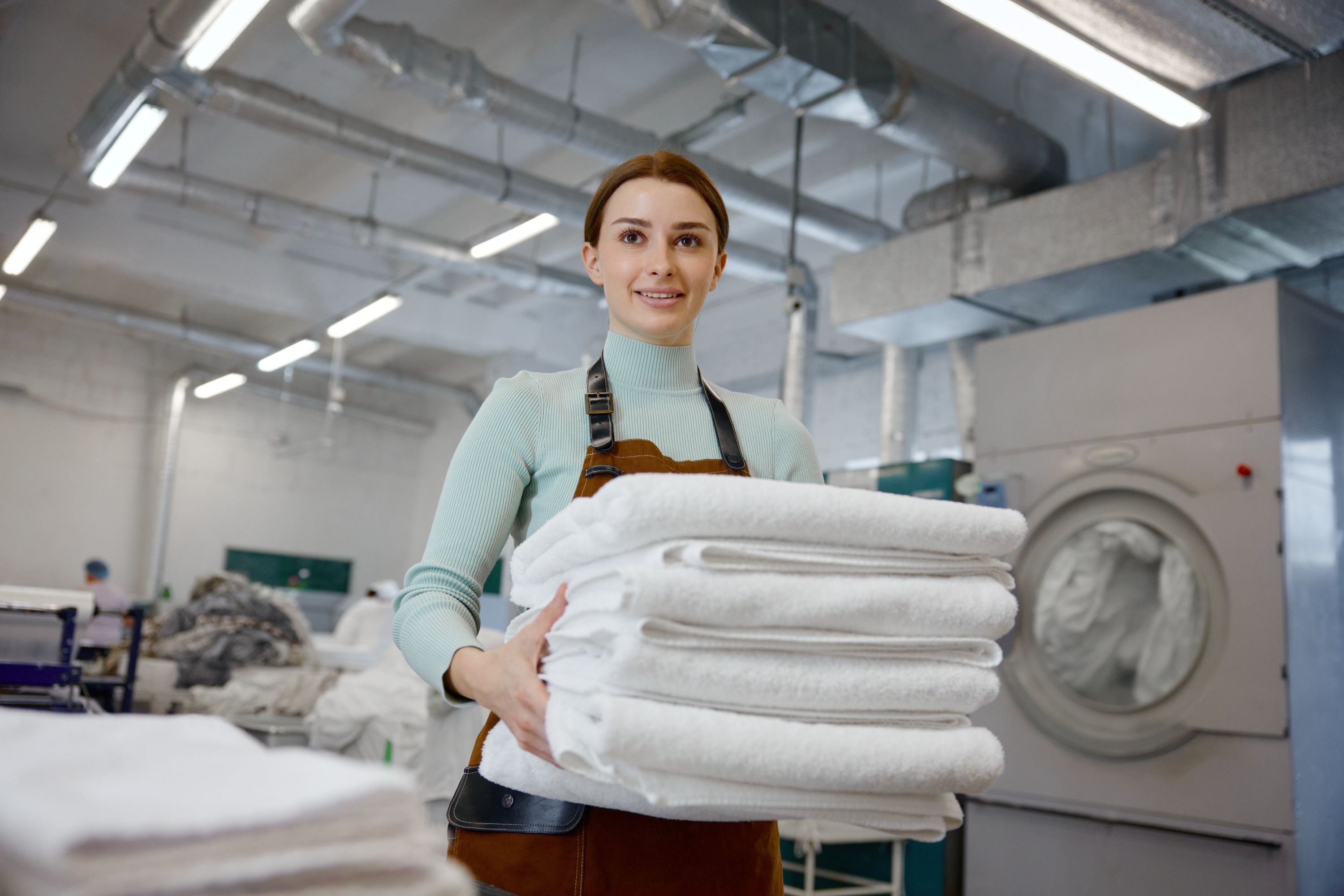 Laundry Worker holding folded laundry